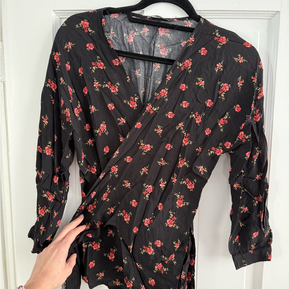 Zara Black Wrap Shirt with Red Floral Design